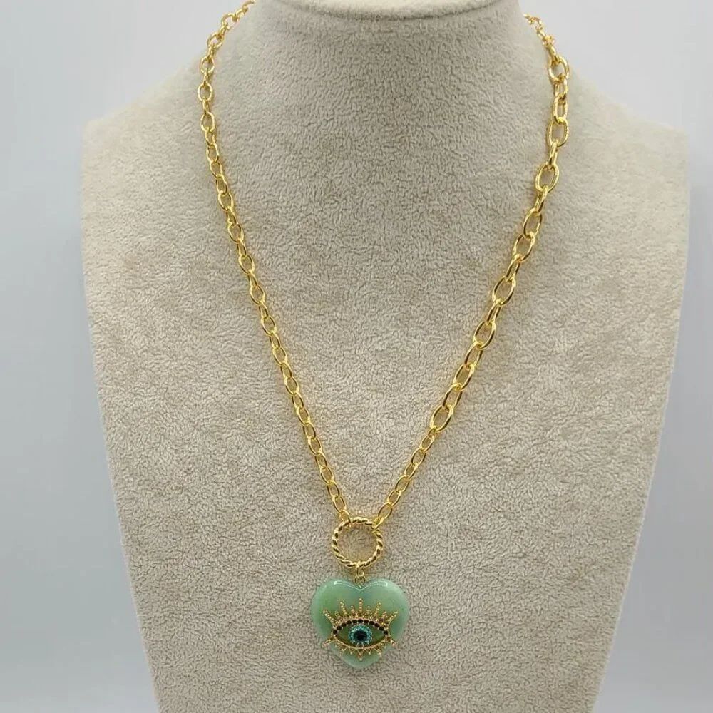 Kurt Geiger Blue Green Stone Heart with Eagle Eye Gold Link Necklace NWT!